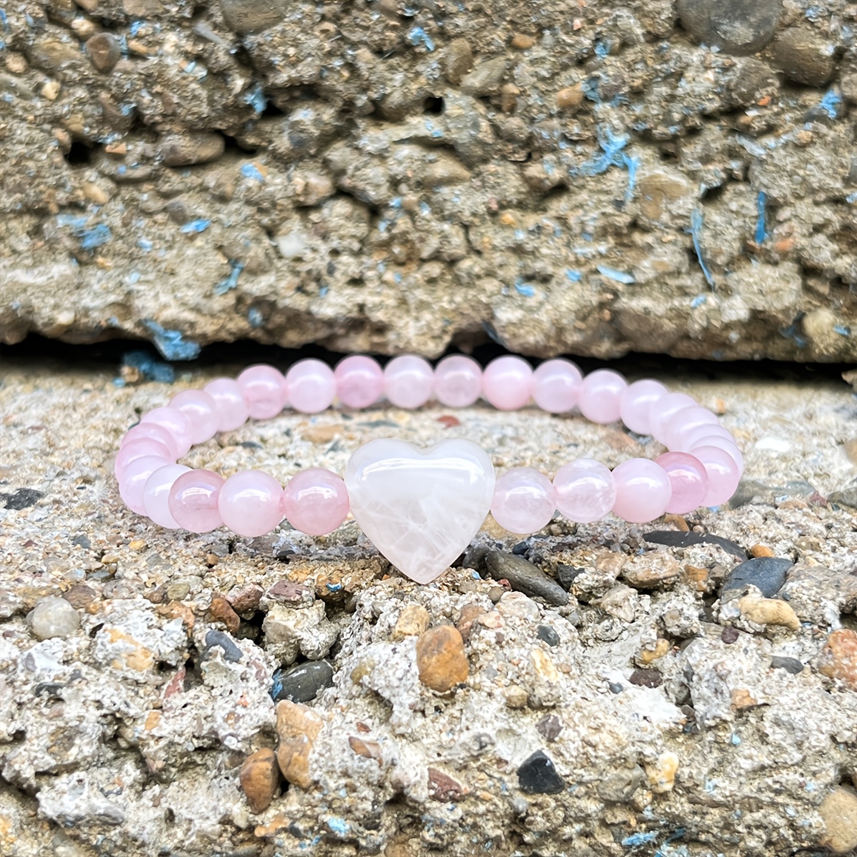 Trendy 6Mm Rose Quartz Heart Beaded Bracelet, Boho Chic
